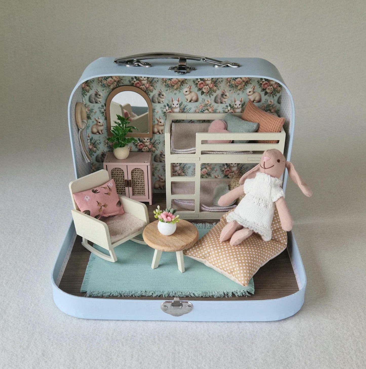 Small Dollhouse in a Suitcase , Little Bunnies Nest, Dollhouse, Miniature furniture, 1:12 scale, Maileg mouse house