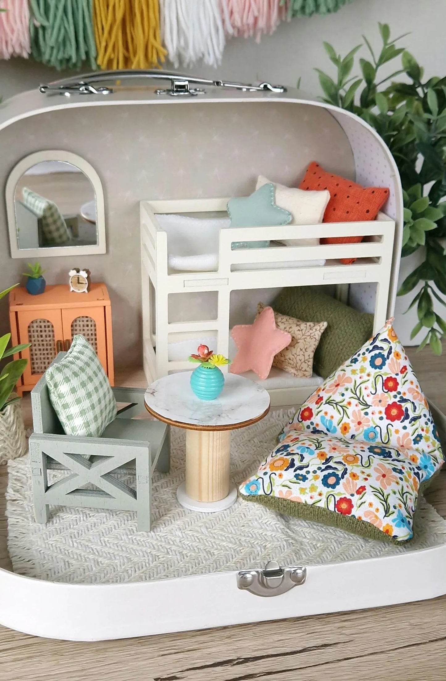 Spring Floral travel dollhouse, Small Dollhouse in a Suitcase