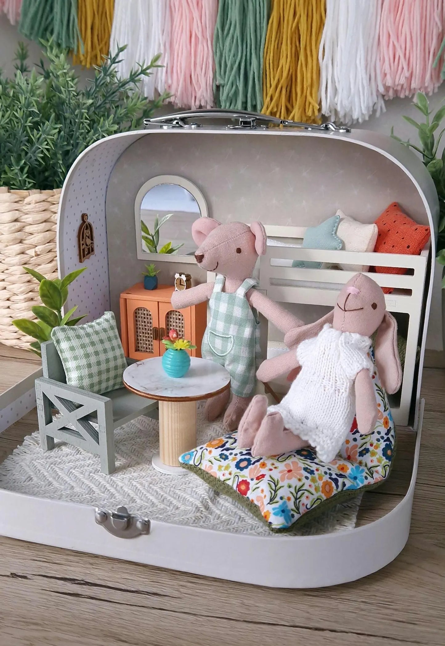 Spring Floral travel dollhouse, Small Dollhouse in a Suitcase