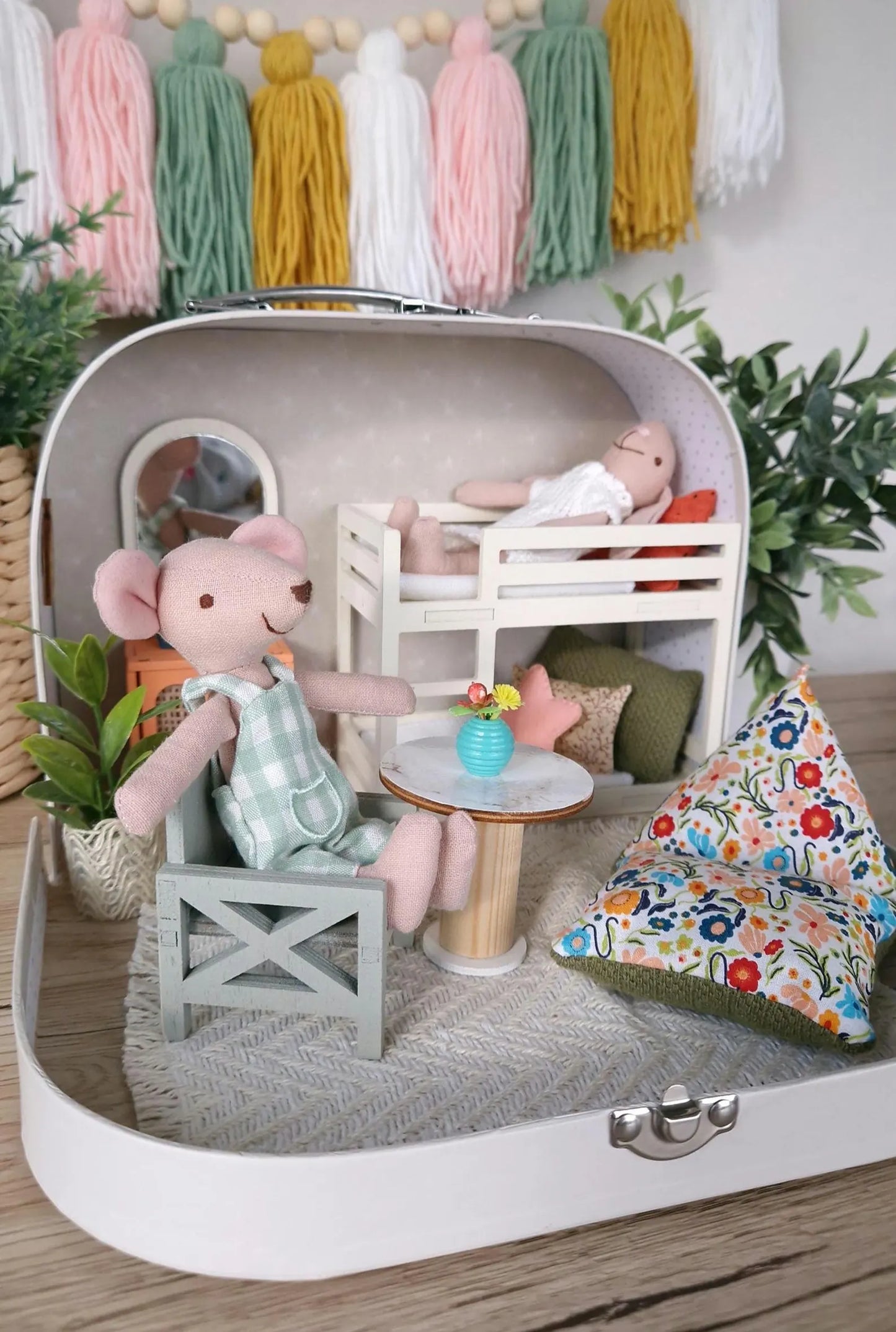 Spring Floral travel dollhouse, Small Dollhouse in a Suitcase