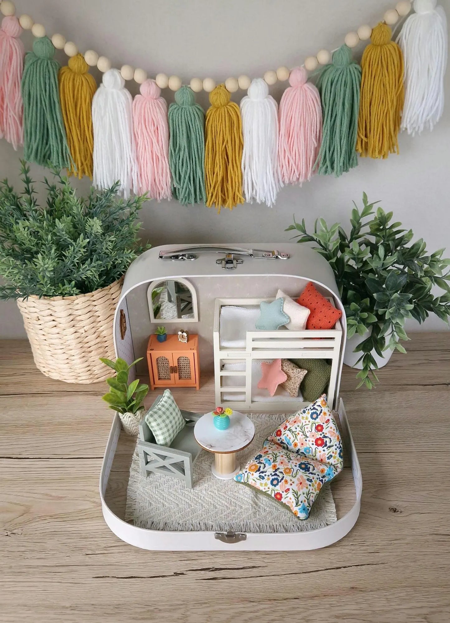 Spring Floral travel dollhouse, Small Dollhouse in a Suitcase