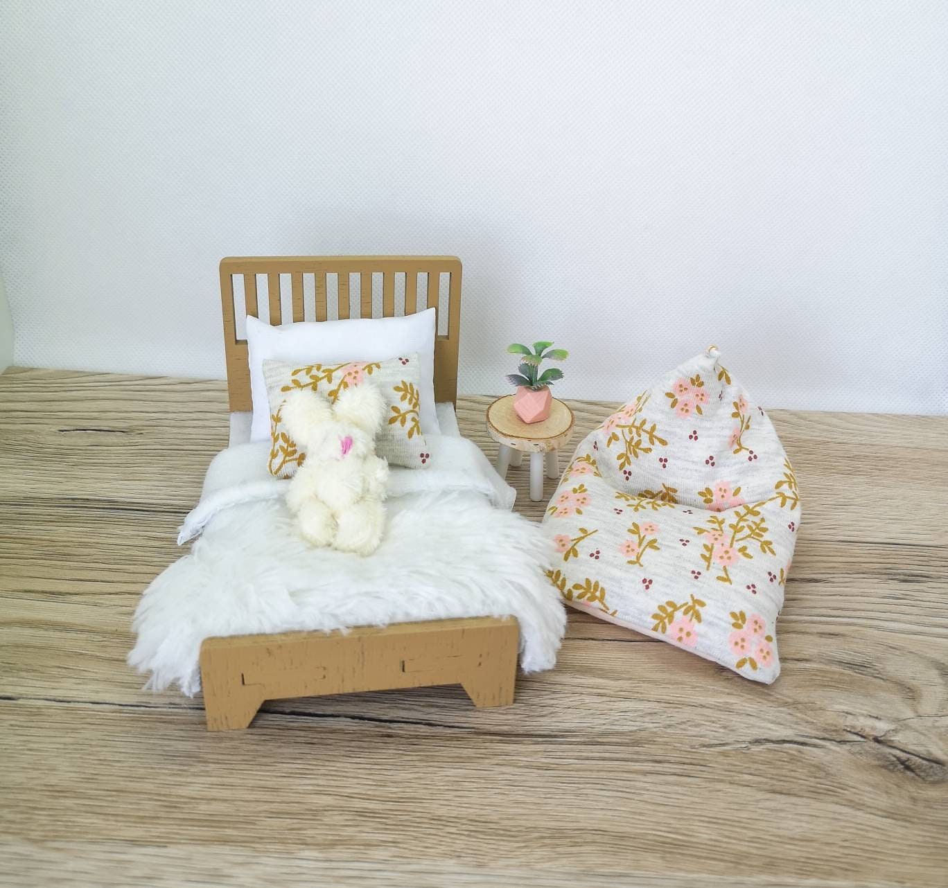 Dolhouse miniature kids room 1:12 scale furniture, Soft Latte & Peach Set, miniature bed, bean bag (perfect for Maileg mouse)