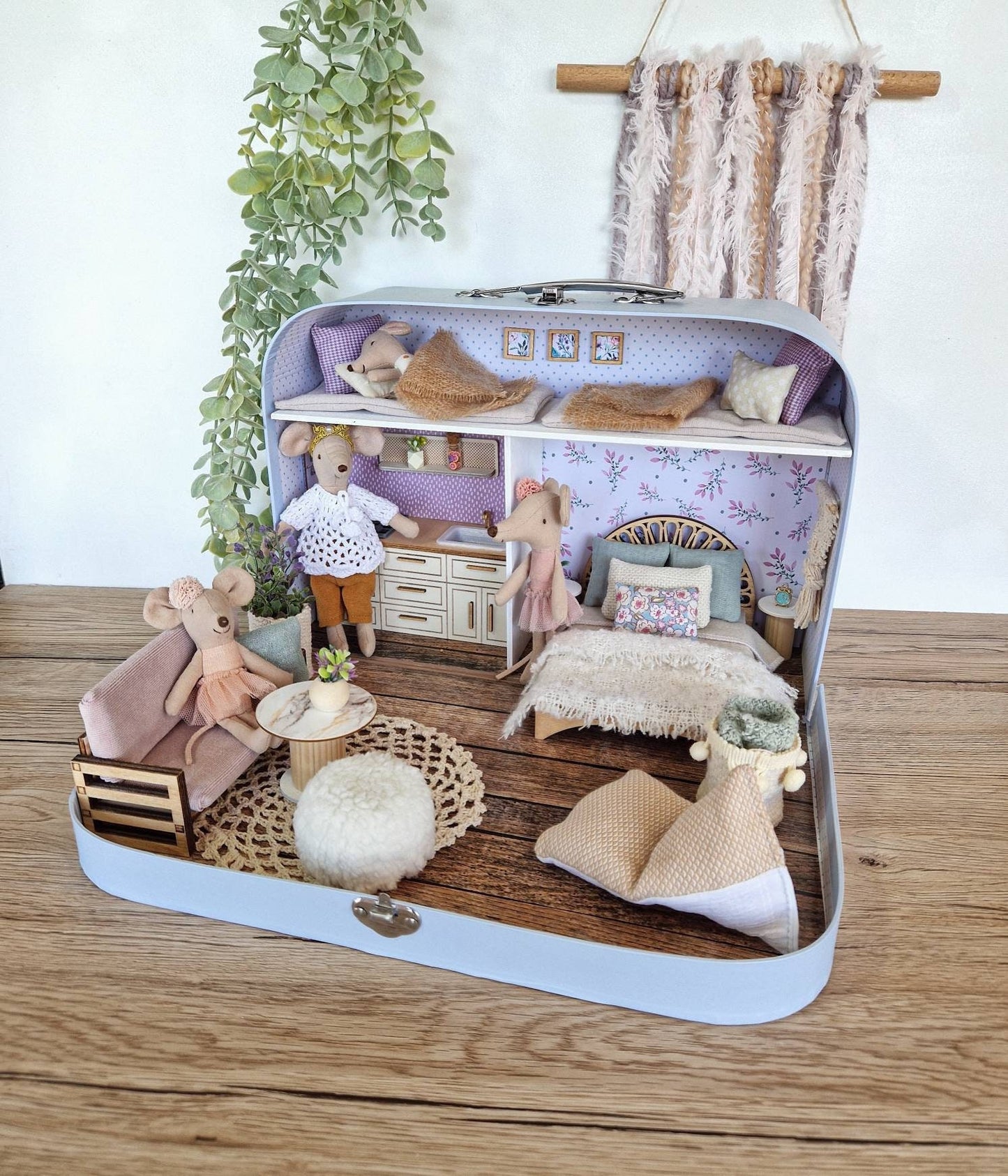 Large Dollhouse in a Suitcase, Lavender Luxe, Miniature furniture in 1:12 scale, Maileg mouse house