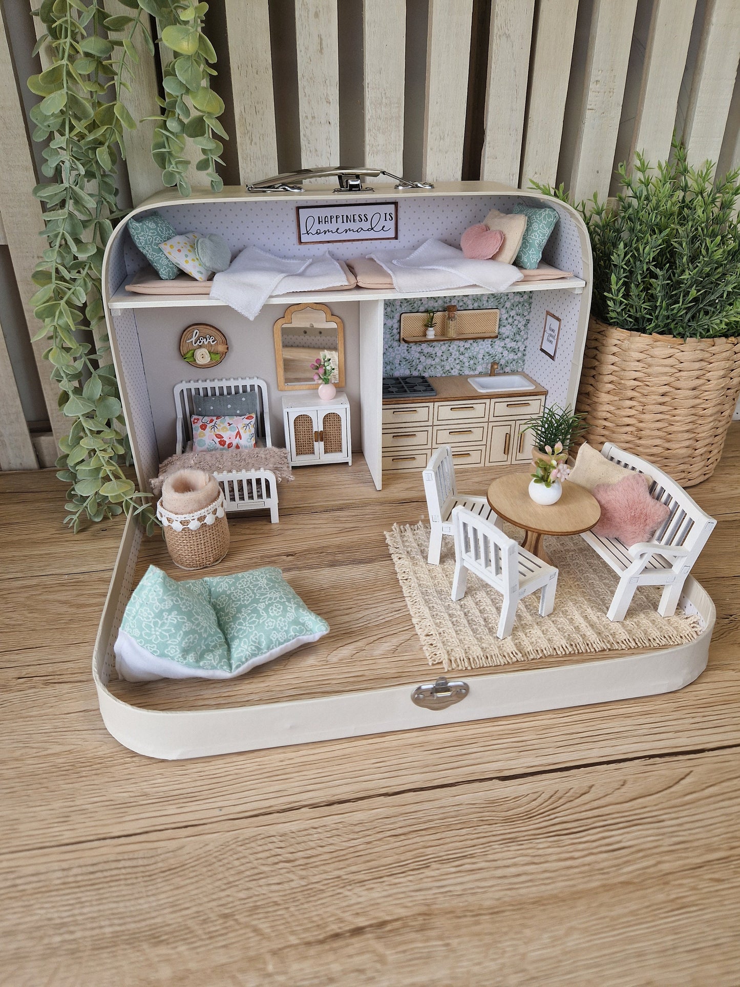 Large Dollhouse in a Suitcase, Pastel Playhouse, Miniature furniture in 1:12 scale, Maileg mouse house