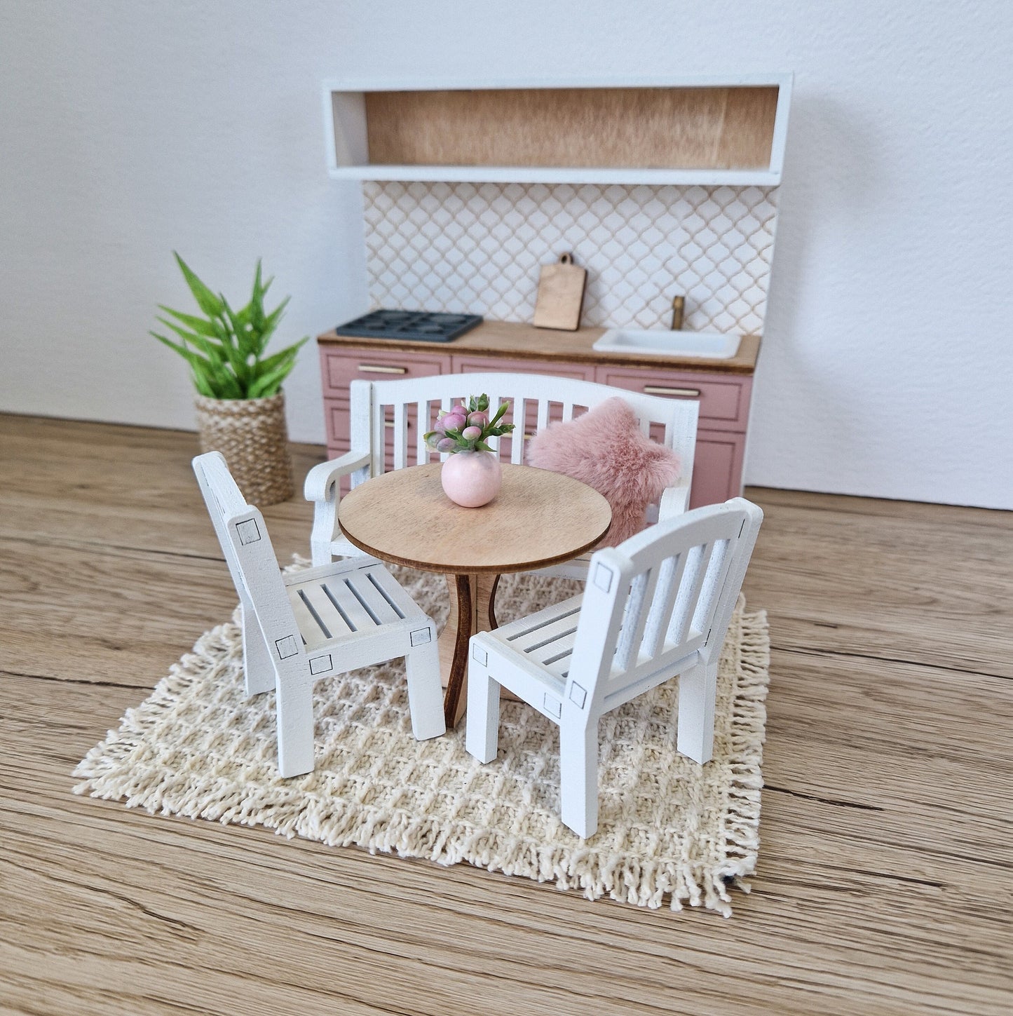Miniature dining set 1:12 scale, Ivory Blossom, modern miniature dollhouse furniture ( perfect for Ikea Dollhouse)