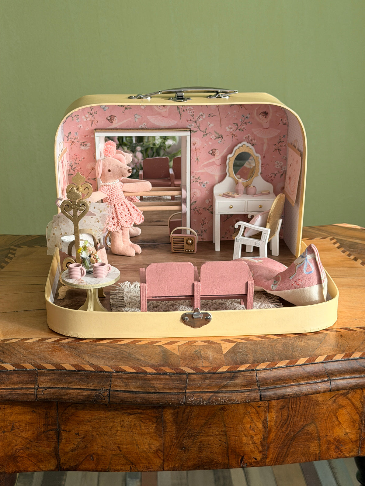 Tiny Ballerina handmade suitcase dollhouse with ballet barre, mirror, vanity, rug and two pink theatre seats
