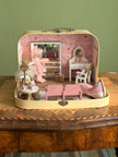 Tiny Ballerina handmade suitcase dollhouse with ballet barre, mirror, vanity, rug and two pink theatre seats
