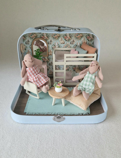 Small Dollhouse in a Suitcase , Little Bunnies Nest, Dollhouse, Miniature furniture, 1:12 scale, Maileg mouse house