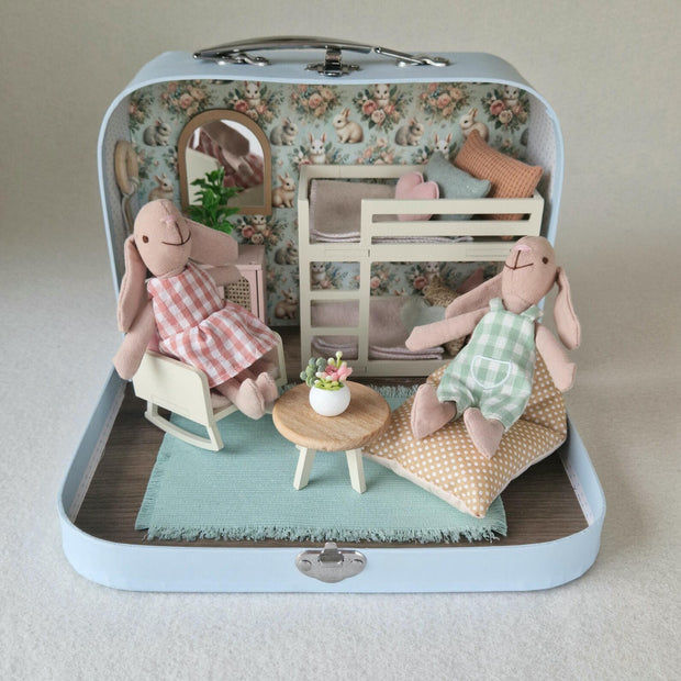 Small Dollhouse in a Suitcase , Little Bunnies Nest, Dollhouse, Miniature furniture, 1:12 scale, Maileg mouse house