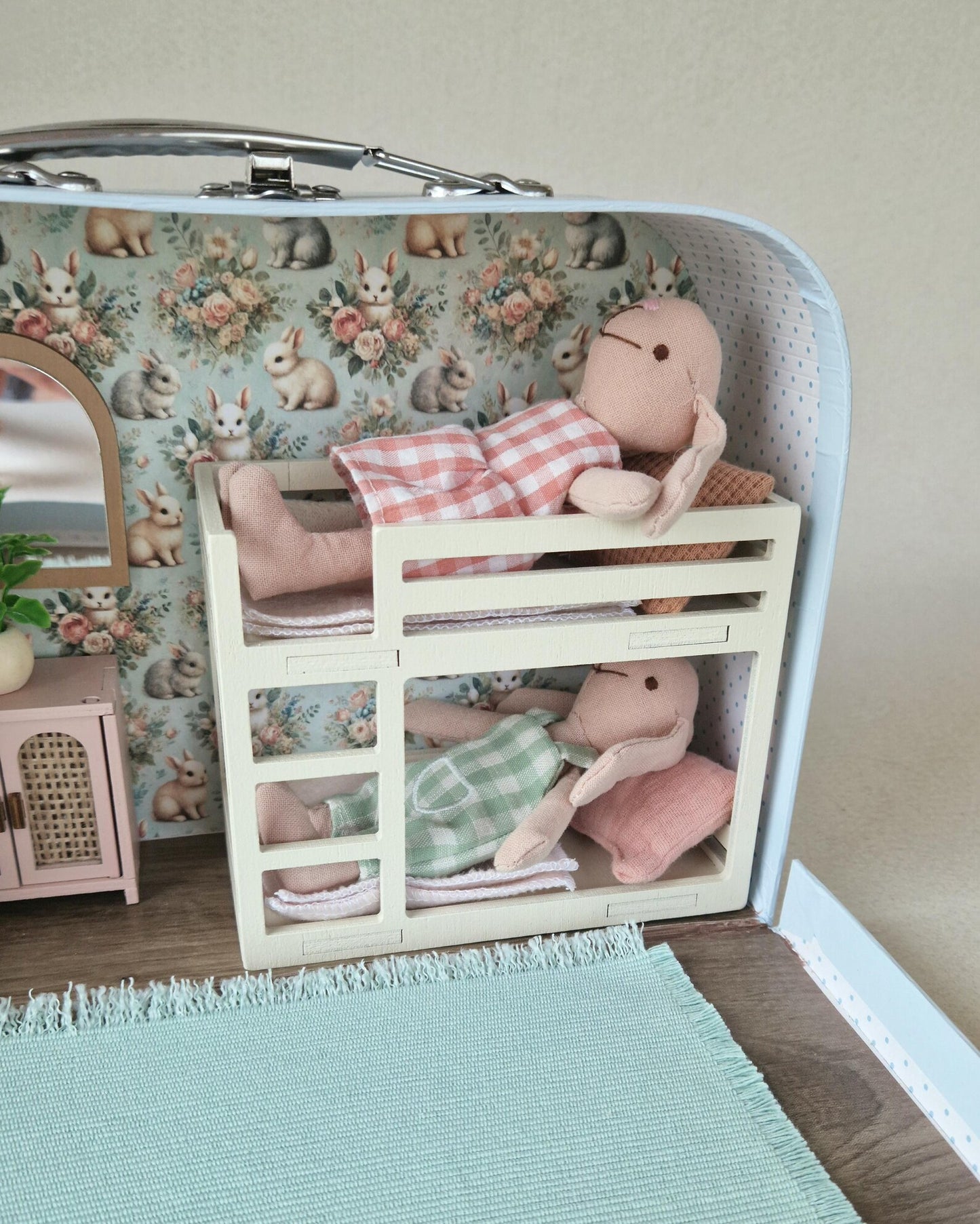 Small Dollhouse in a Suitcase , Little Bunnies Nest, Dollhouse, Miniature furniture, 1:12 scale, Maileg mouse house