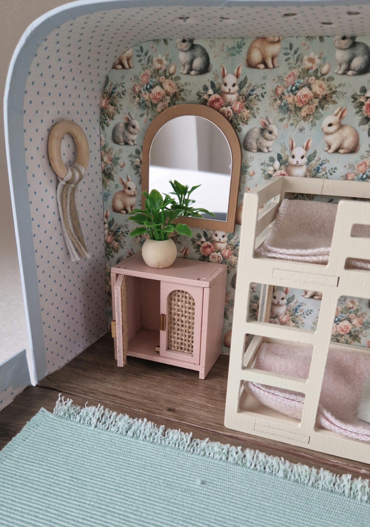 Small Dollhouse in a Suitcase , Little Bunnies Nest, Dollhouse, Miniature furniture, 1:12 scale, Maileg mouse house