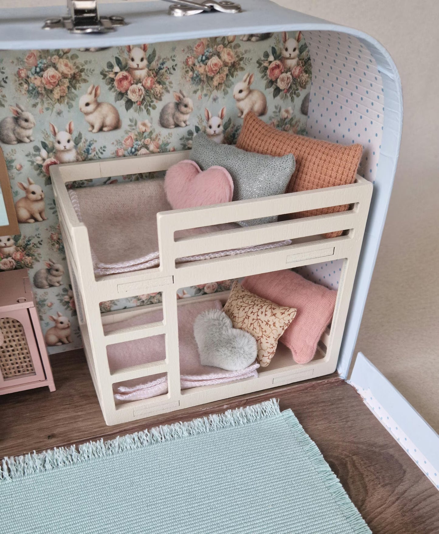 Small Dollhouse in a Suitcase , Little Bunnies Nest, Dollhouse, Miniature furniture, 1:12 scale, Maileg mouse house