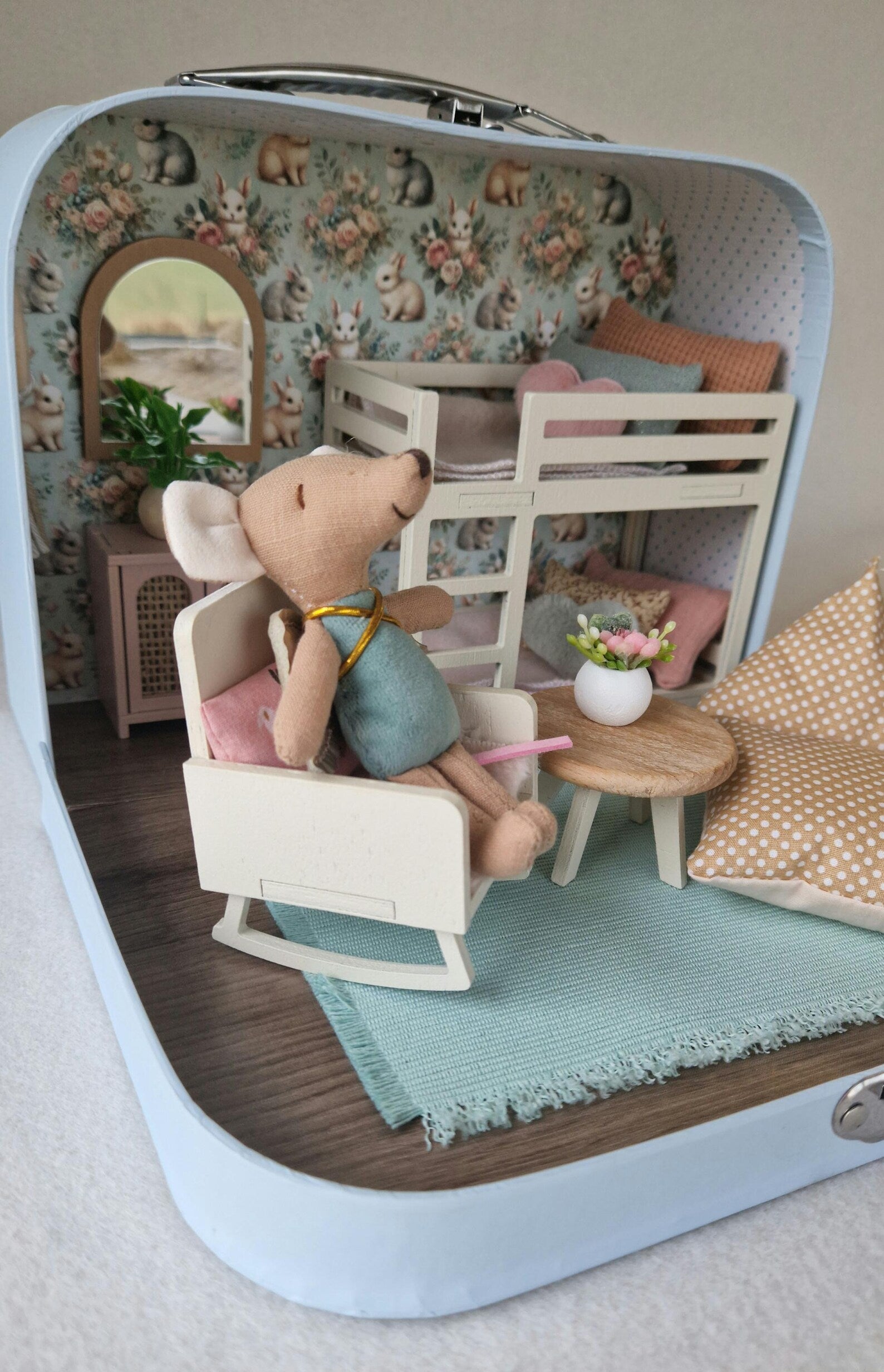 Small Dollhouse in a Suitcase , Little Bunnies Nest, Dollhouse, Miniature furniture, 1:12 scale, Maileg mouse house