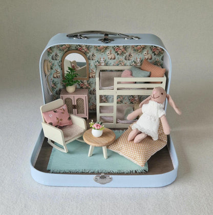 Small Dollhouse in a Suitcase , Little Bunnies Nest, Dollhouse, Miniature furniture, 1:12 scale, Maileg mouse house