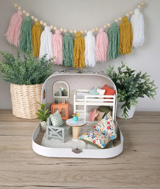 Spring Floral travel dollhouse, Small Dollhouse in a Suitcase