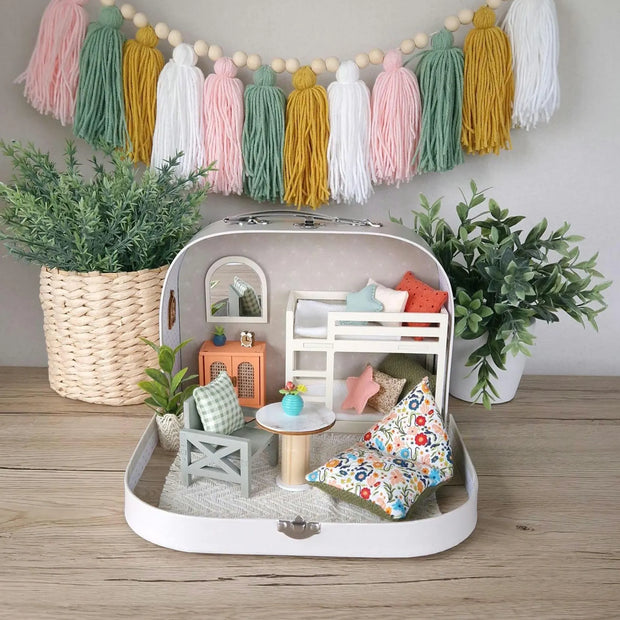 Spring Floral travel dollhouse, Small Dollhouse in a Suitcase