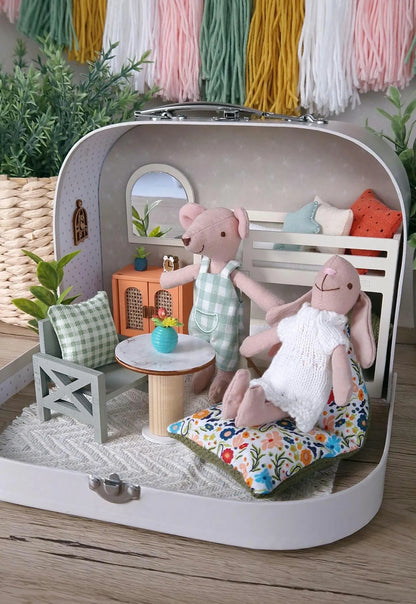 Spring Floral travel dollhouse, Small Dollhouse in a Suitcase