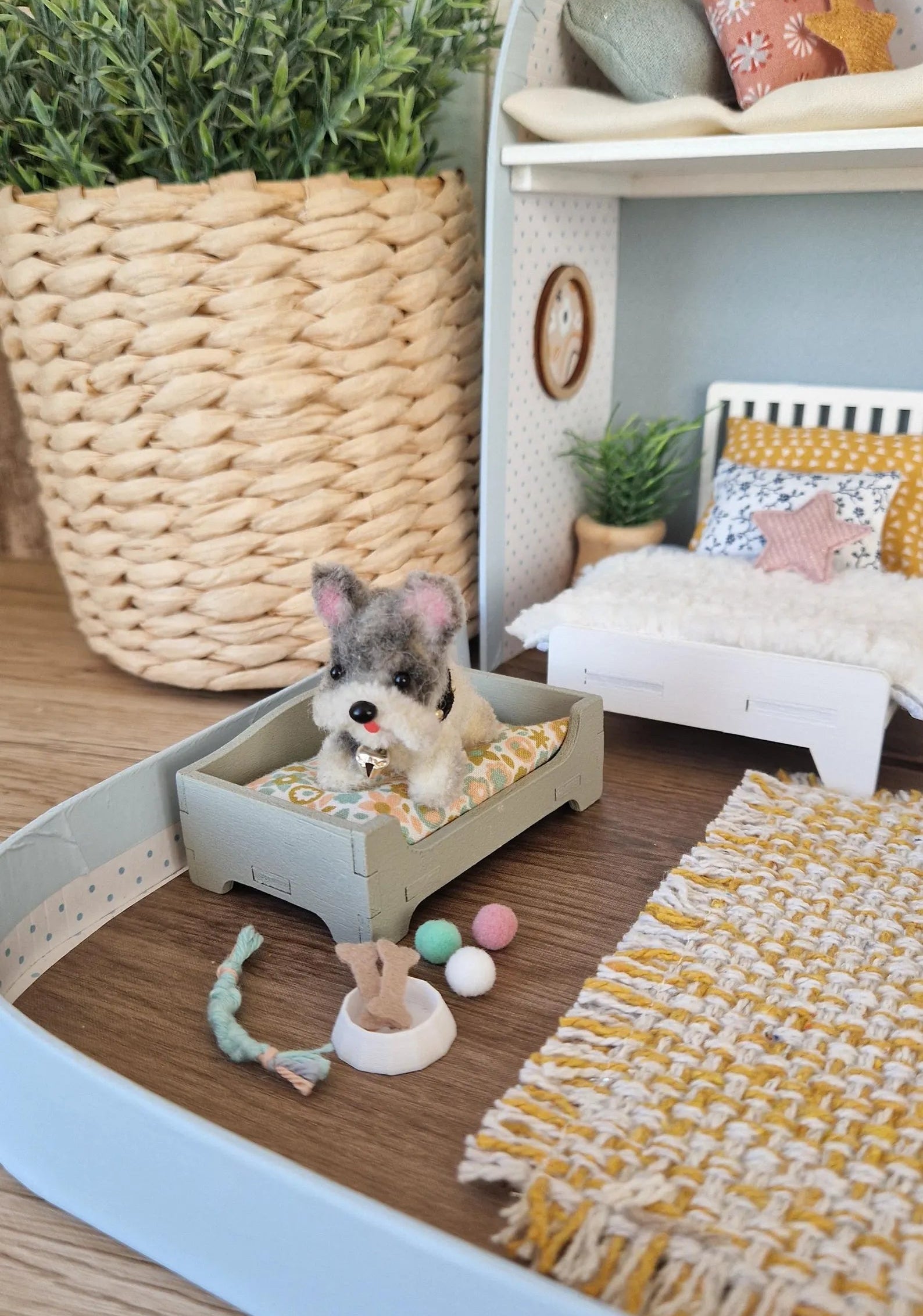 miniature dog, miniature plush puppy. puupy bed