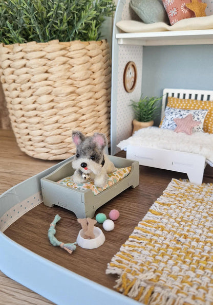 miniature dog, miniature plush puppy. puupy bed