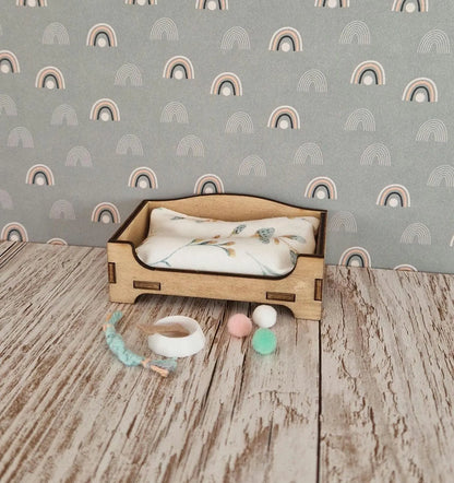 Miniature Dogbed with Tiny Plush Dog – Dollhouse pets, miniature dog accessories