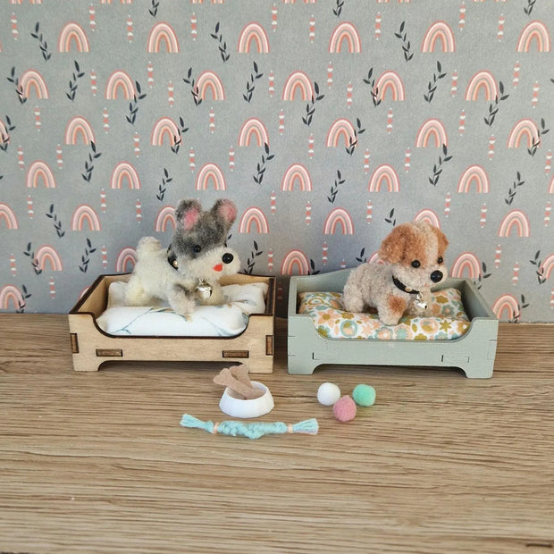 Miniature Dogbed with Tiny Plush Dog – Dollhouse pets, miniature dog accessories