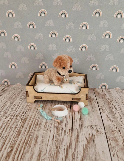 Miniature Dogbed with Tiny Plush Dog – Dollhouse pets, miniature dog accessories