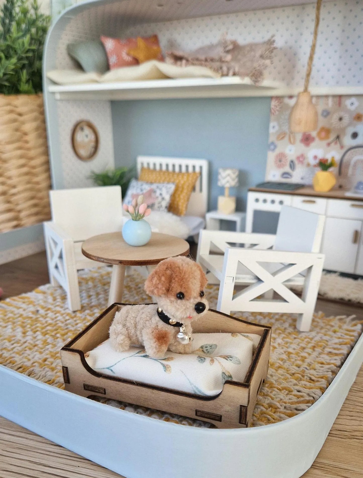 Miniature Dogbed with Tiny Plush Dog – Dollhouse pets, miniature dog accessories