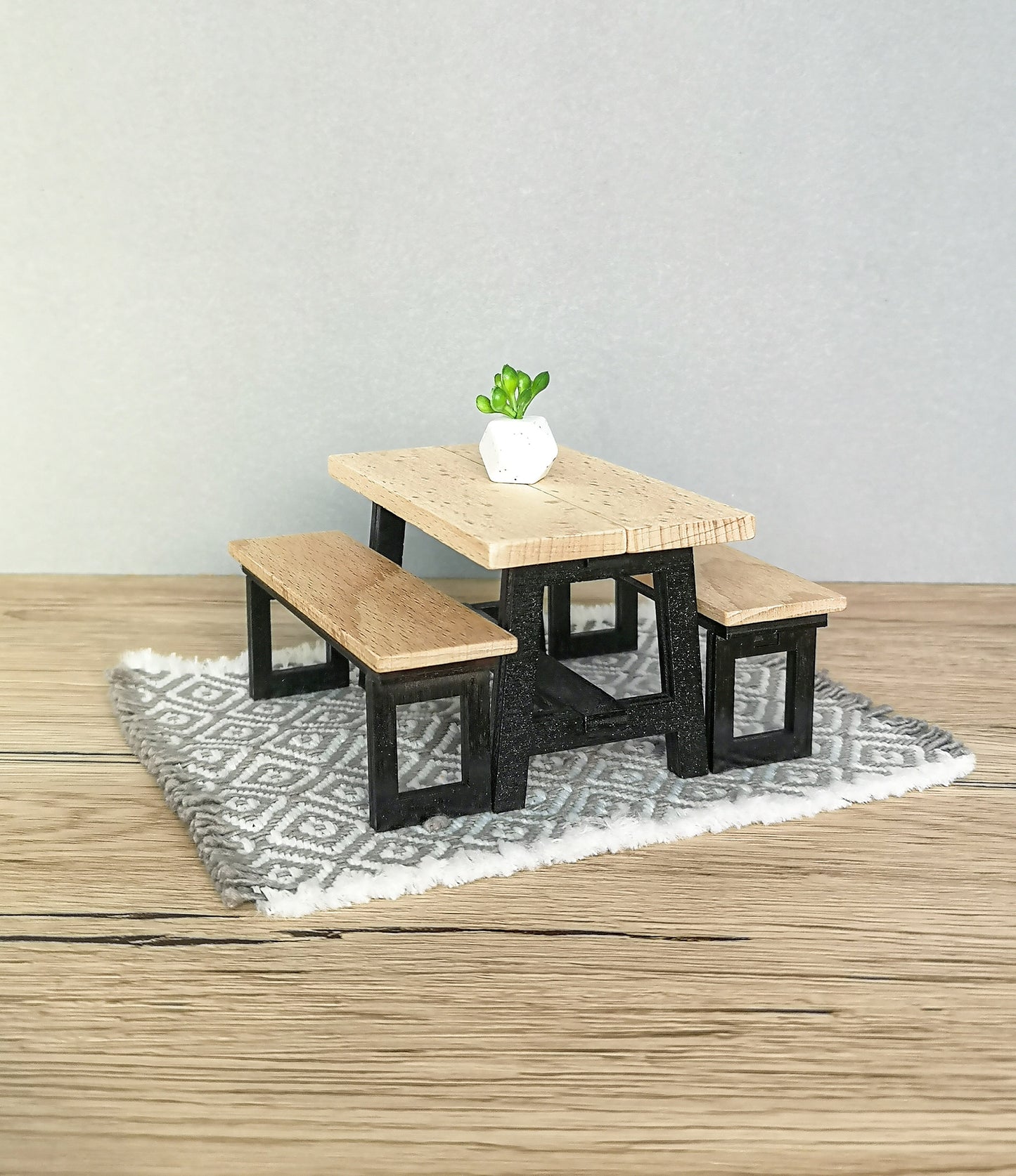 Miniature dining set 1:12 scale, Black & Wood, modern miniature dollhouse furniture ( perfect for Ikea Dollhouse)