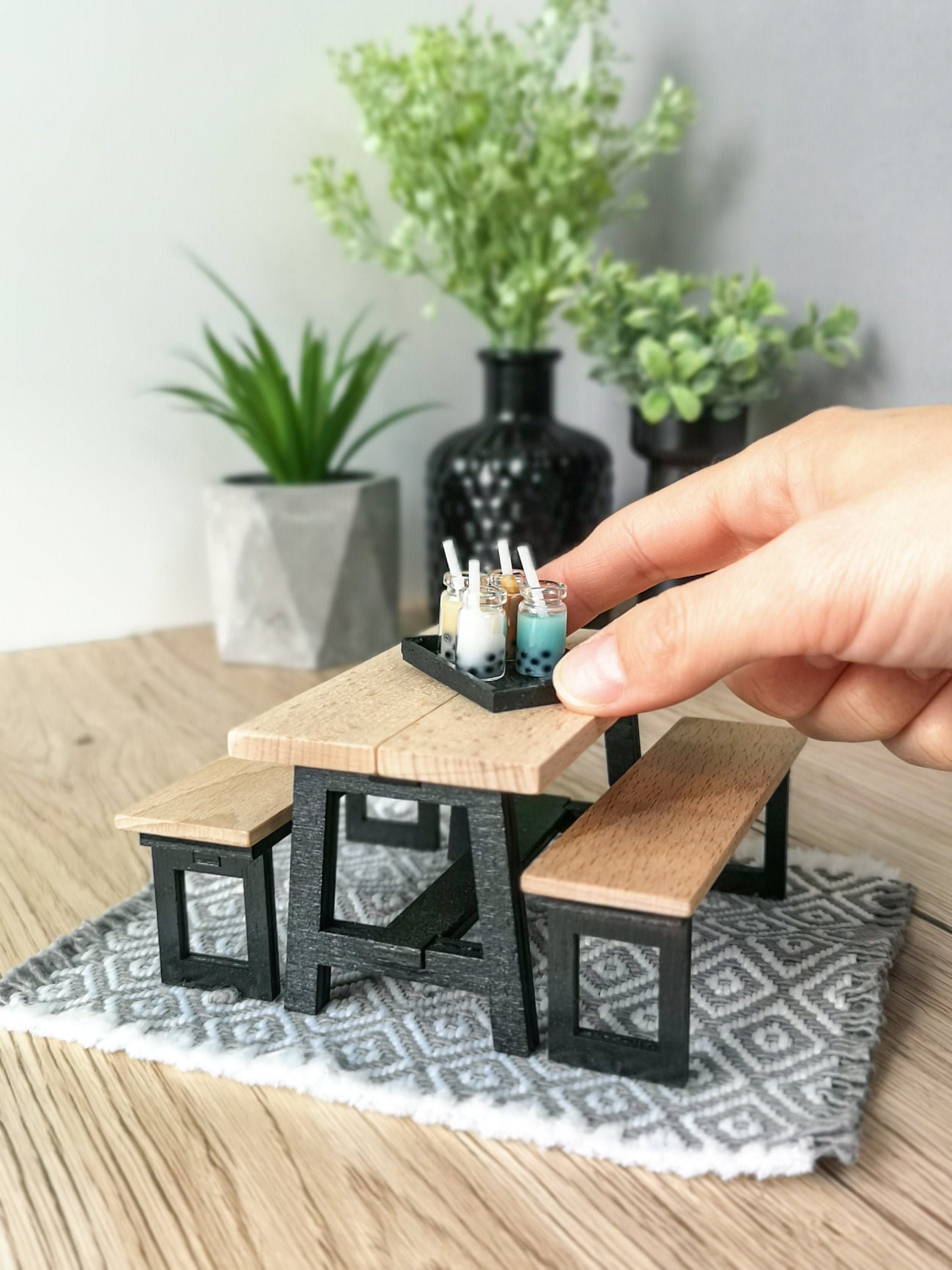 Miniature dining set 1:12 scale, Black & Wood, modern miniature dollhouse furniture ( perfect for Ikea Dollhouse)