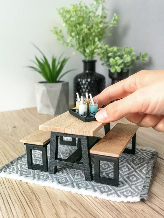 Miniature dining set 1:12 scale, Black & Wood, modern miniature dollhouse furniture ( perfect for Ikea Dollhouse)