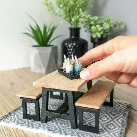 Miniature dining set 1:12 scale, Black & Wood, modern miniature dollhouse furniture ( perfect for Ikea Dollhouse)