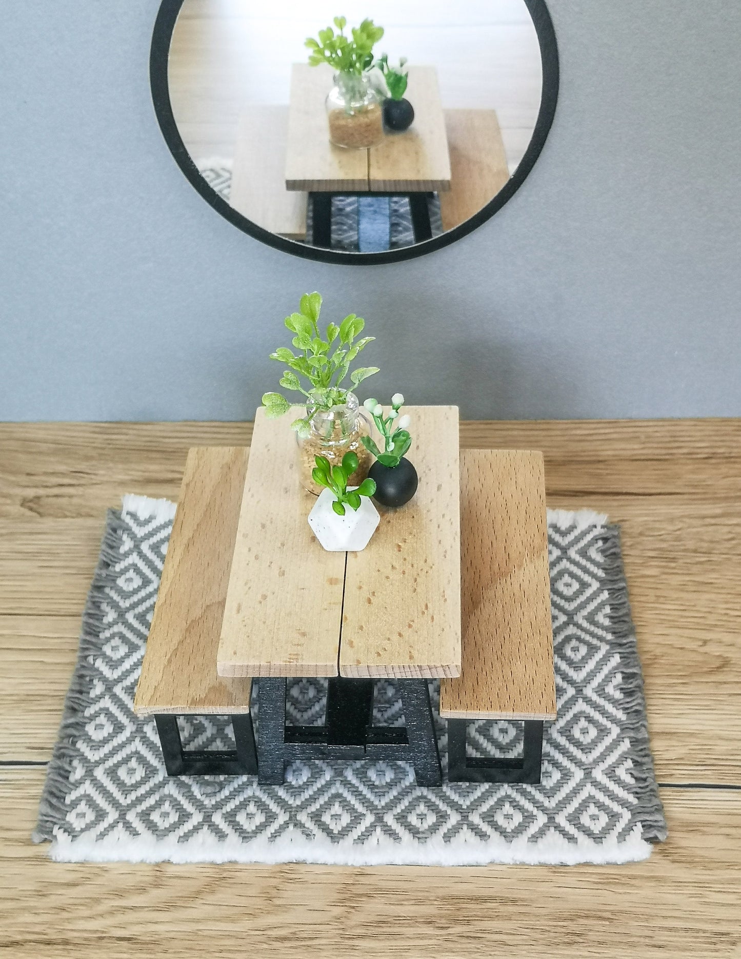 Miniature dining set 1:12 scale, Black & Wood, modern miniature dollhouse furniture ( perfect for Ikea Dollhouse)