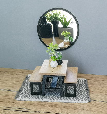Miniature dining set 1:12 scale, Black & Wood, modern miniature dollhouse furniture ( perfect for Ikea Dollhouse)