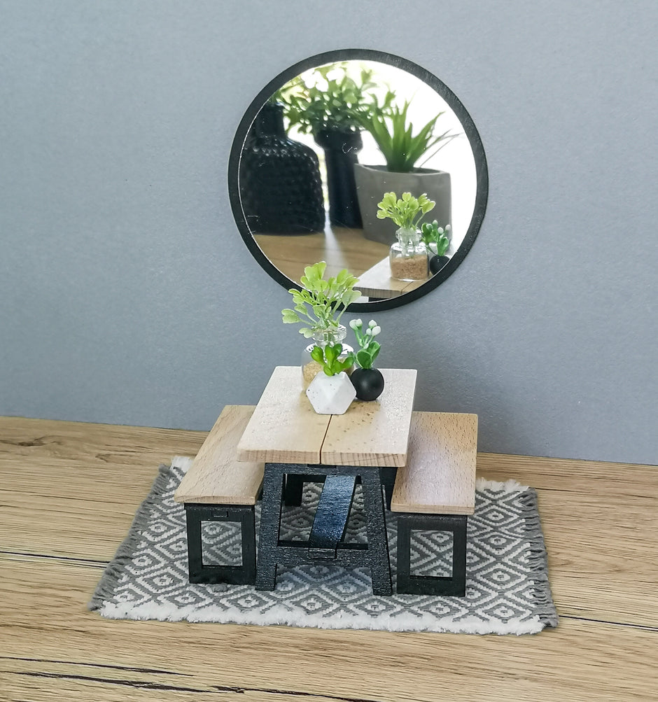 Miniature dining set 1:12 scale, Black & Wood, modern miniature dollhouse furniture ( perfect for Ikea Dollhouse)