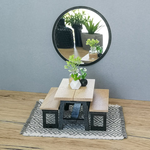 Miniature dining set 1:12 scale, Black & Wood, modern miniature dollhouse furniture ( perfect for Ikea Dollhouse)