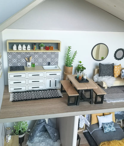 Miniature dining set 1:12 scale, Black & Wood, modern miniature dollhouse furniture ( perfect for Ikea Dollhouse)