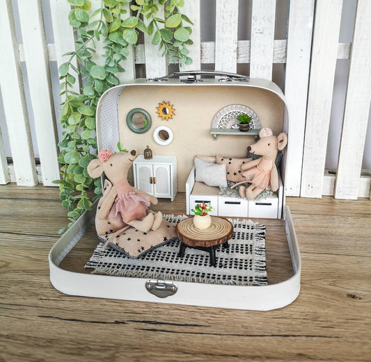 Small Dollhouse in a Suitcase, Dollhouse furniture, Miniature furniture, 1:12 scale, Maileg mouse house