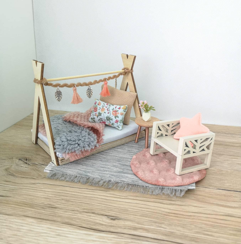 Dolhouse kids room set 1:12 scale, Peach Perfect, miniature furniture bundle, maileg mice (perfect for Ikea dollhouse)