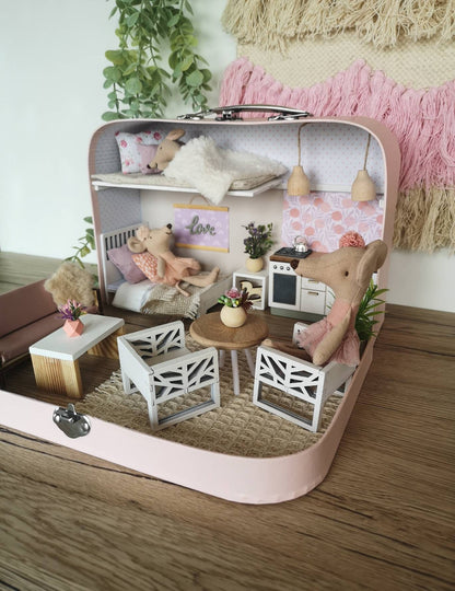 Medium Dollhouse in a Suitcase, BlushHaven, Miniature furniture in 1:12 scale, Maileg mouse house