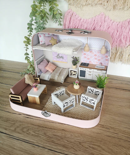 Medium Dollhouse in a Suitcase, BlushHaven, Miniature furniture in 1:12 scale, Maileg mouse house