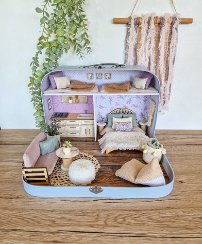 Large Dollhouse in a Suitcase, Lavender Luxe, Miniature furniture in 1:12 scale, Maileg mouse house