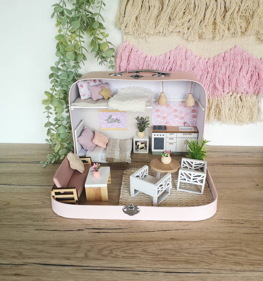 Medium Dollhouse in a Suitcase, Blush Haven, Miniature furniture in 1:12 scale, Maileg mouse house
