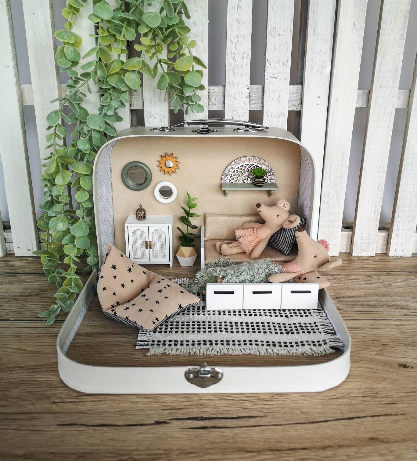 Small Dollhouse in a Suitcase, Dollhouse furniture, Miniature furniture, 1:12 scale, Maileg mouse house