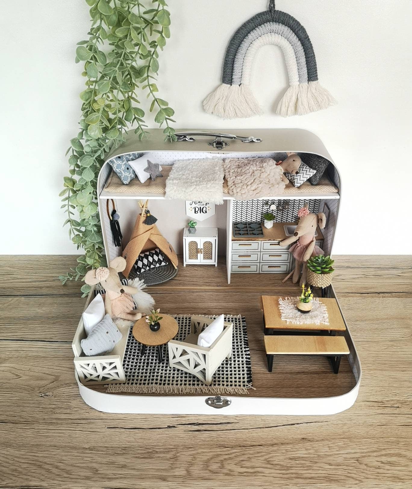 Large Dollhouse in a Suitcase, The Sleepover Suite, Miniature furniture in 1:12 scale, Maileg mouse house