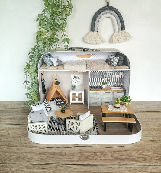 Large Dollhouse in a Suitcase, The Sleepover Suite, Miniature furniture in 1:12 scale, Maileg mouse house