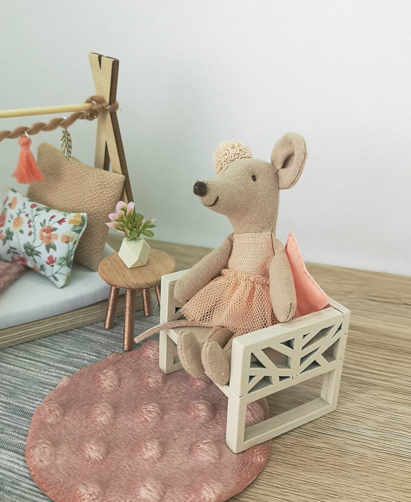 Dolhouse kids room set 1:12 scale, Peach Perfect, miniature furniture bundle, maileg mice (perfect for Ikea dollhouse)