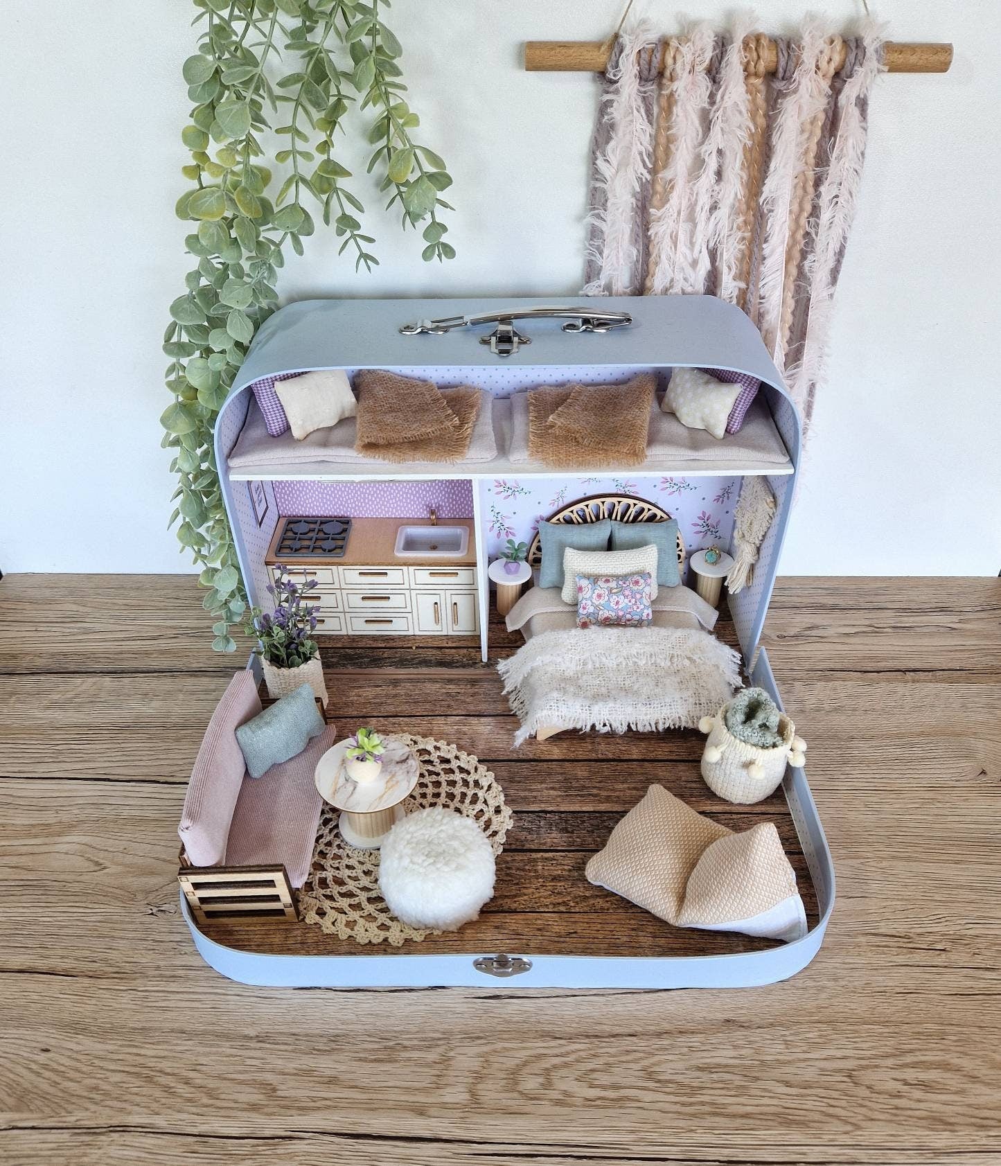 Large Dollhouse in a Suitcase, Lavender Luxe, Miniature furniture in 1:12 scale, Maileg mouse house