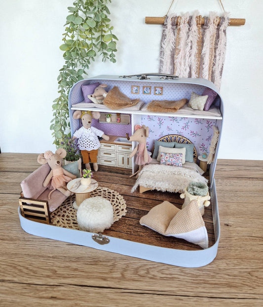 Large Dollhouse in a Suitcase, Lavender Luxe, Miniature furniture in 1:12 scale, Maileg mouse house