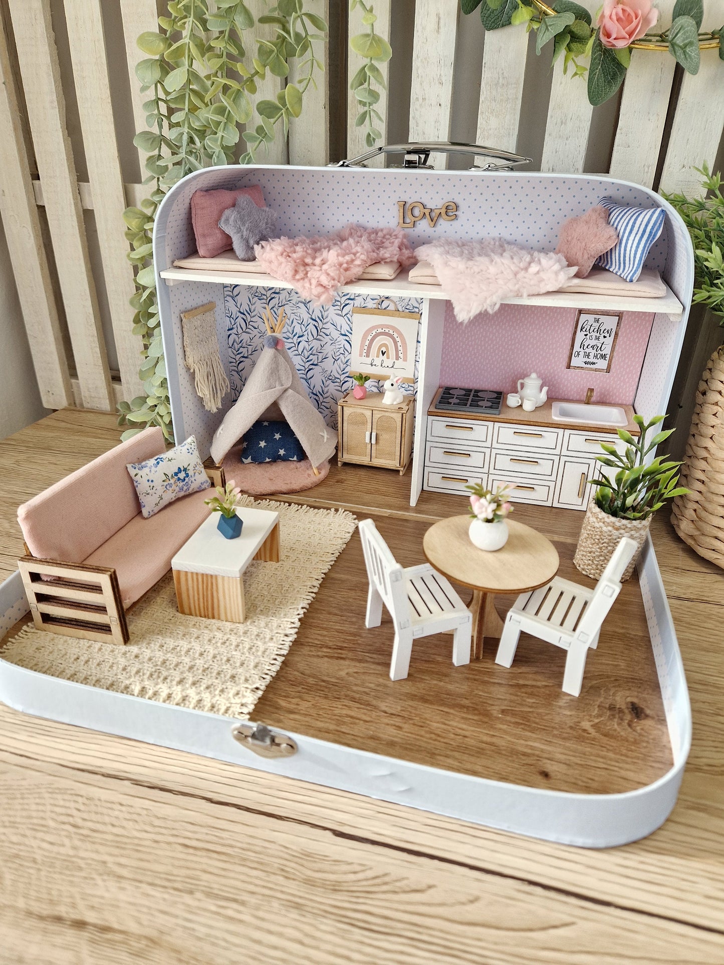 Large Dollhouse in a Suitcase, Cotton Candy Cottage, Miniature furniture in 1:12 scale, Maileg mouse house