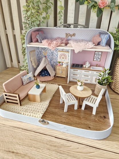 Large Dollhouse in a Suitcase, Cotton Candy Cottage, Miniature furniture in 1:12 scale, Maileg mouse house